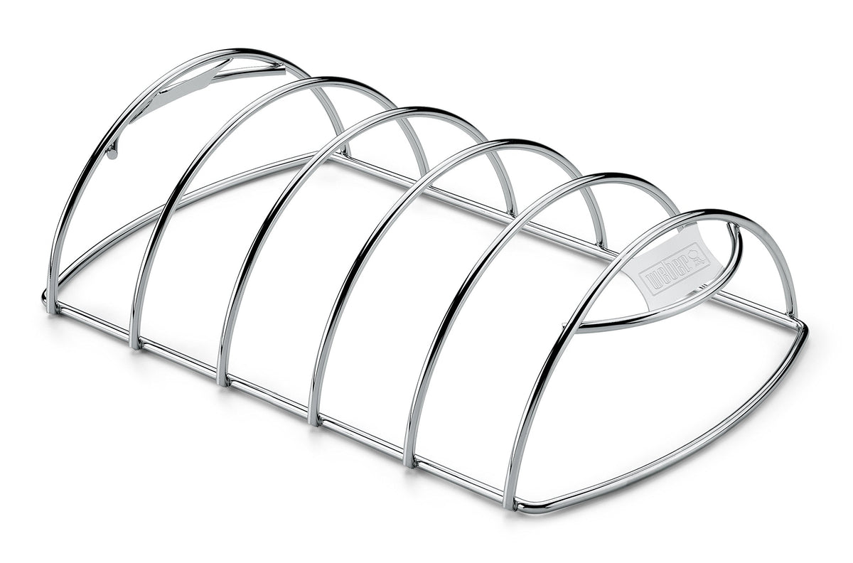 Weber Rib Rack on a grill elevates ribs for even cooking and smoky flavor.
