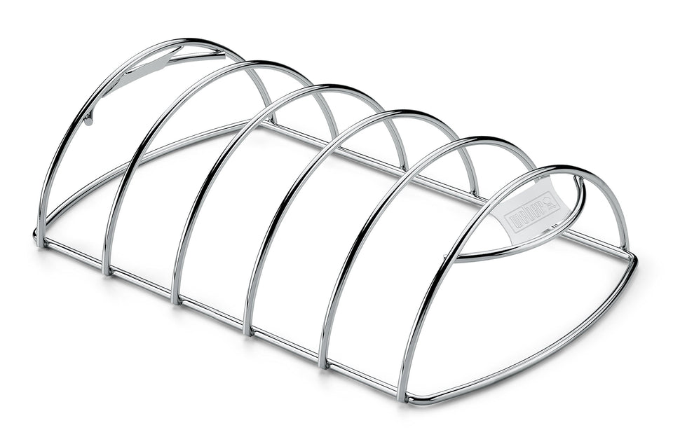Weber Rib Rack on a grill elevates ribs for even cooking and smoky flavor.