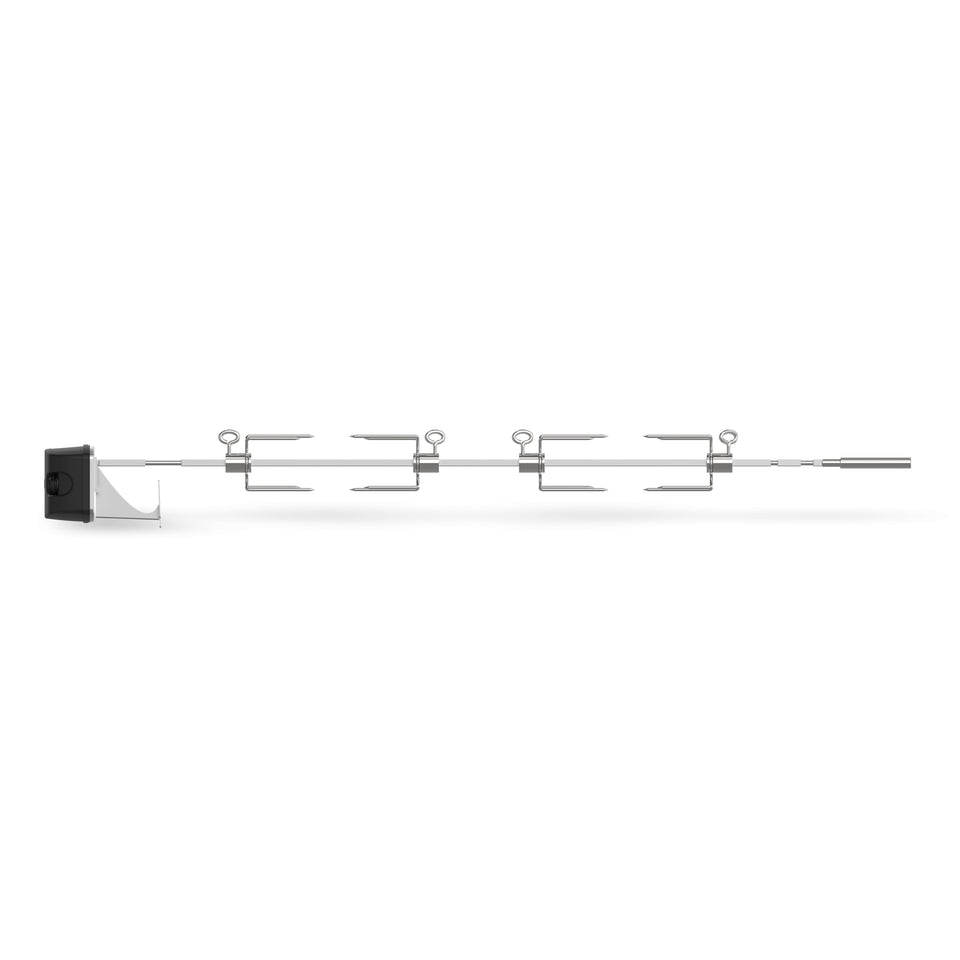 Weber rotisserie with stainless shaft for Genesis grills, enabling even roasting of large and small cuts.