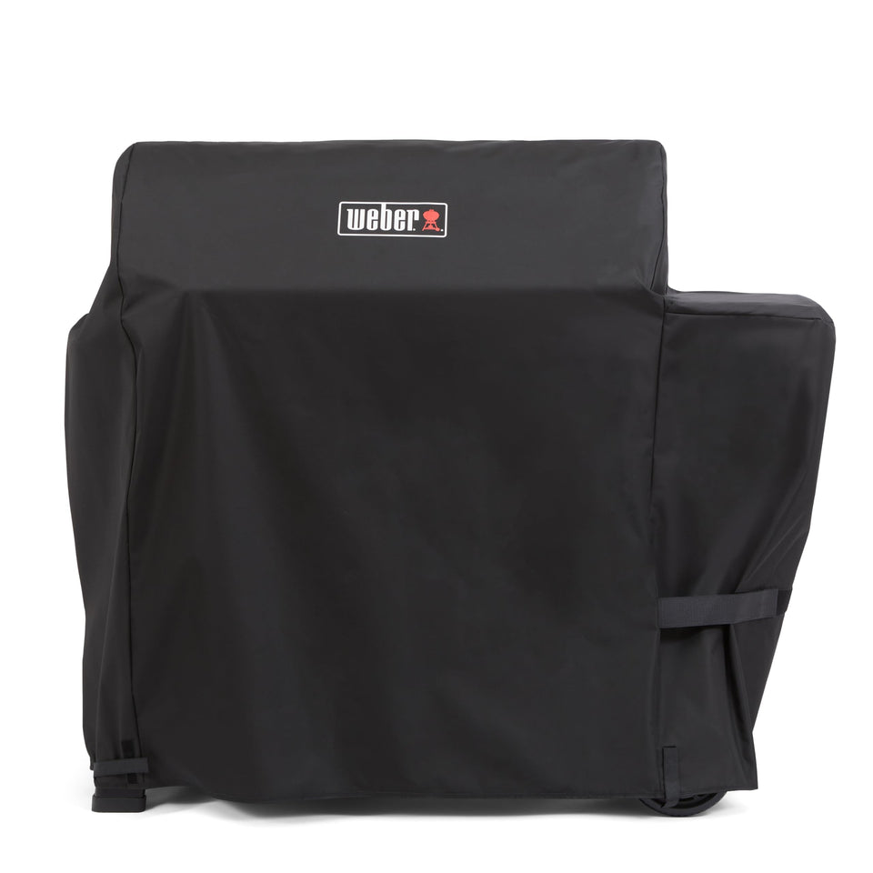 Weber Searwood 600 XL Pellet Grill Cover on grill protects from rain and sun.