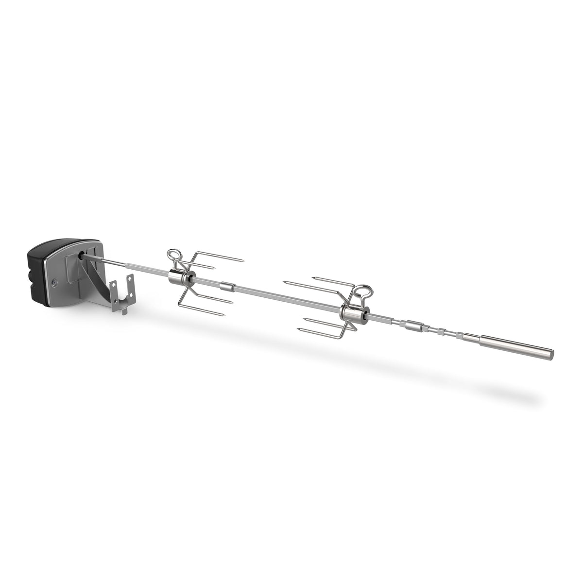 Weber Spirit rotisserie motor with stainless shaft and forks for even, self-basted cooking.
