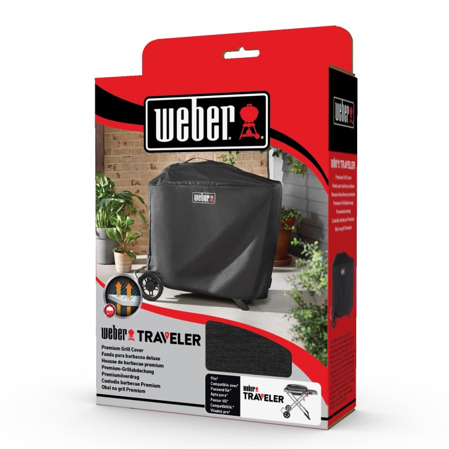 Weber Traveler Premium straps adjusted for a secure fit on upright grill