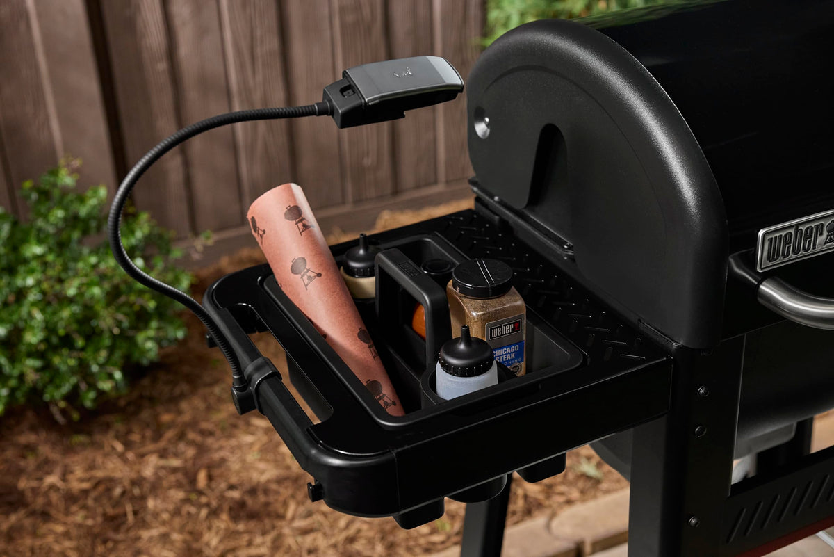 Weber Works Caddy tray lid removed highlights quick transport of seasonings and utensils.