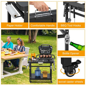WEBROIL double-tier storage keeps tools and accessories organized during outdoor cooking.