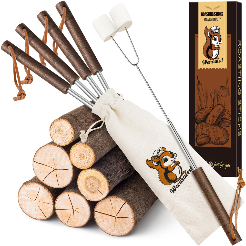 WECURATED marshmallow roasting sticks set of five for family campfires, durable and reusable.