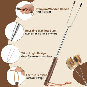 WECURATED roasting sticks feature leather lanyards for easy carrying and storage.