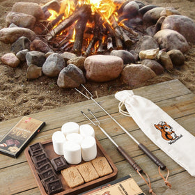 WECURATED telescoping roasting sticks extended to 32 inches for safe distance from fire.