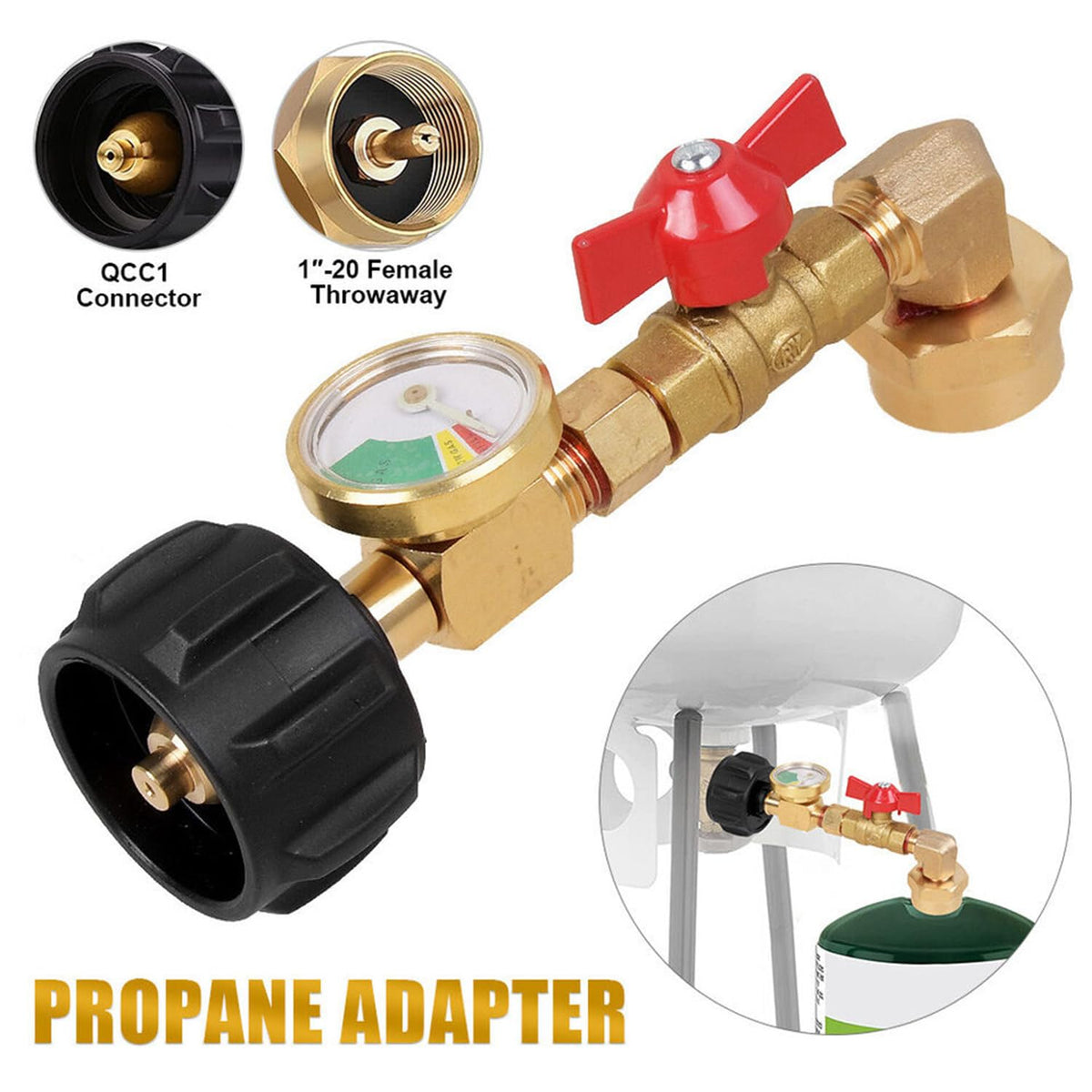 Adapter connects a 20 lb tank to a 1 lb bottle for easy transfers.