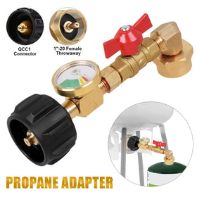 Adapter connects a 20 lb tank to a 1 lb bottle for easy transfers.