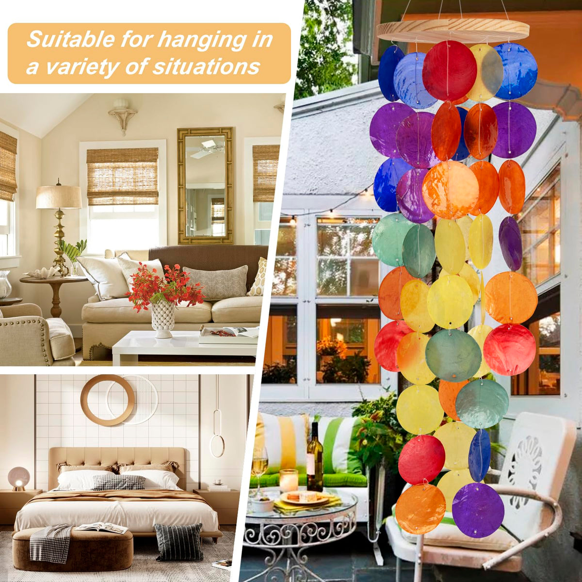 WeDoSoy wind chimes light and shadow dancing through translucent shells.