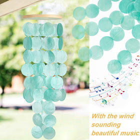 WeDoSoy windchimes capiz-shells, outdoor wood top, evoke natural coastal ambience