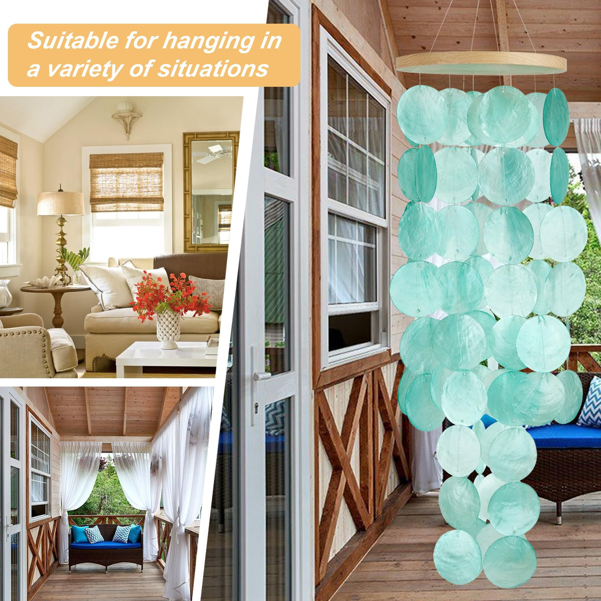 WeDoSoy windchimes with large shells add visual drama to garden or entryway