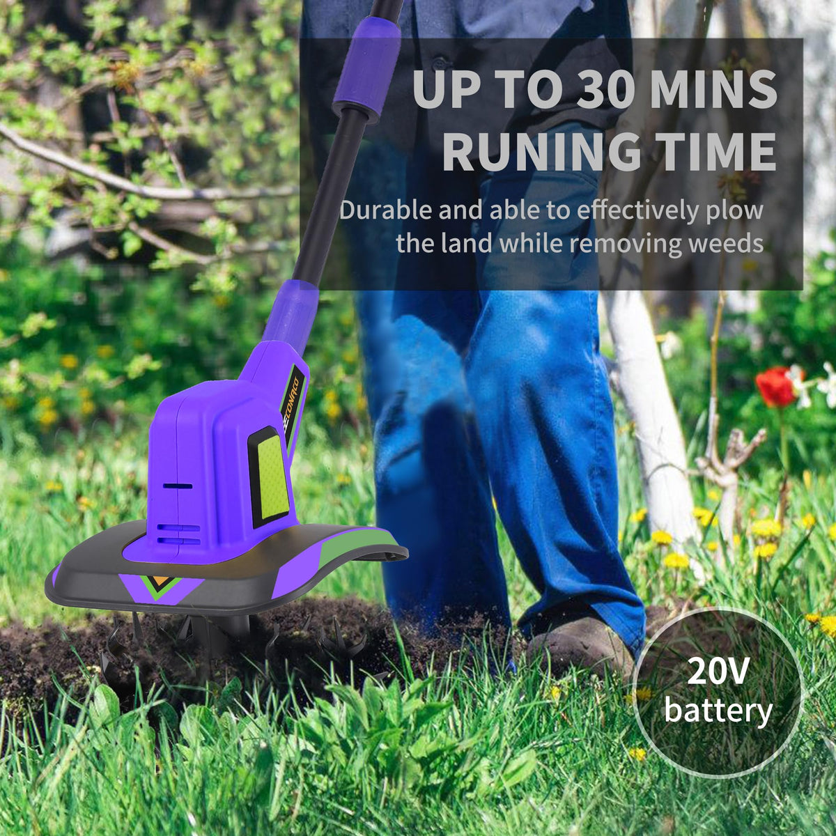 WEECONACO brushless motor close-up highlighting strong power for faster tilling.