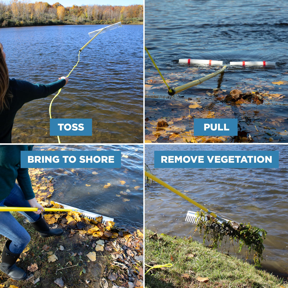 Weed Razer Jenlis Razer Rake removable floats support casting and retrieval along the shoreline.