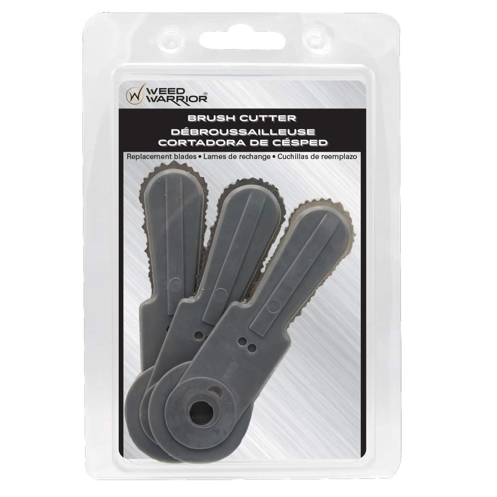 Weed Warrior brush cutter blades for tough weeds, serrated edges boost trimming efficiency.