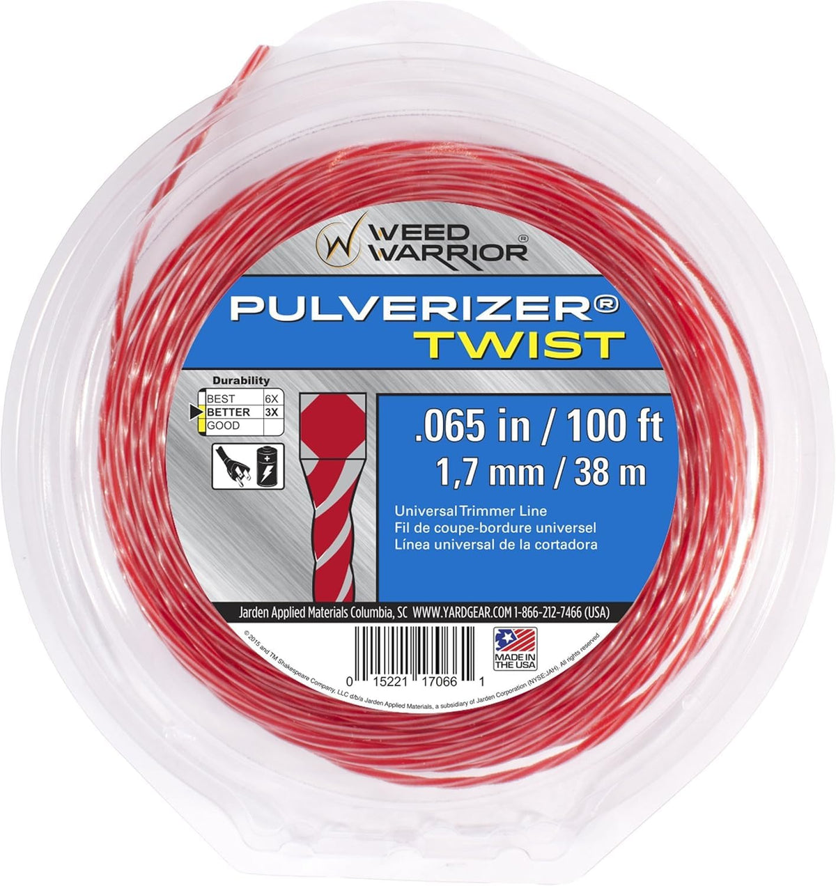WEED WARRIOR Pulverizer Twist line 0.065 inch with red core and silver tips for durable, even cuts.