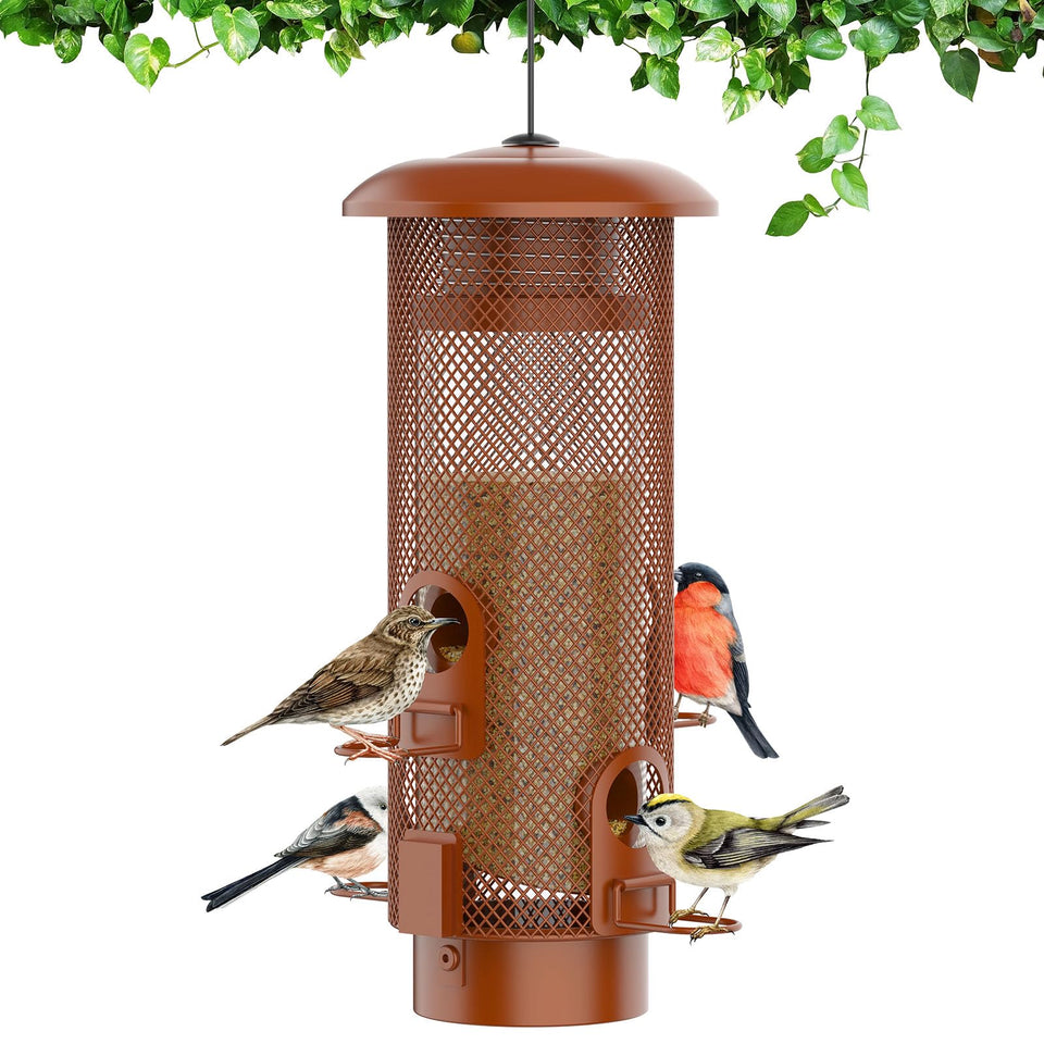 WeeFeetc metal squirrel-proof bird feeder with protected ports for small songbirds.