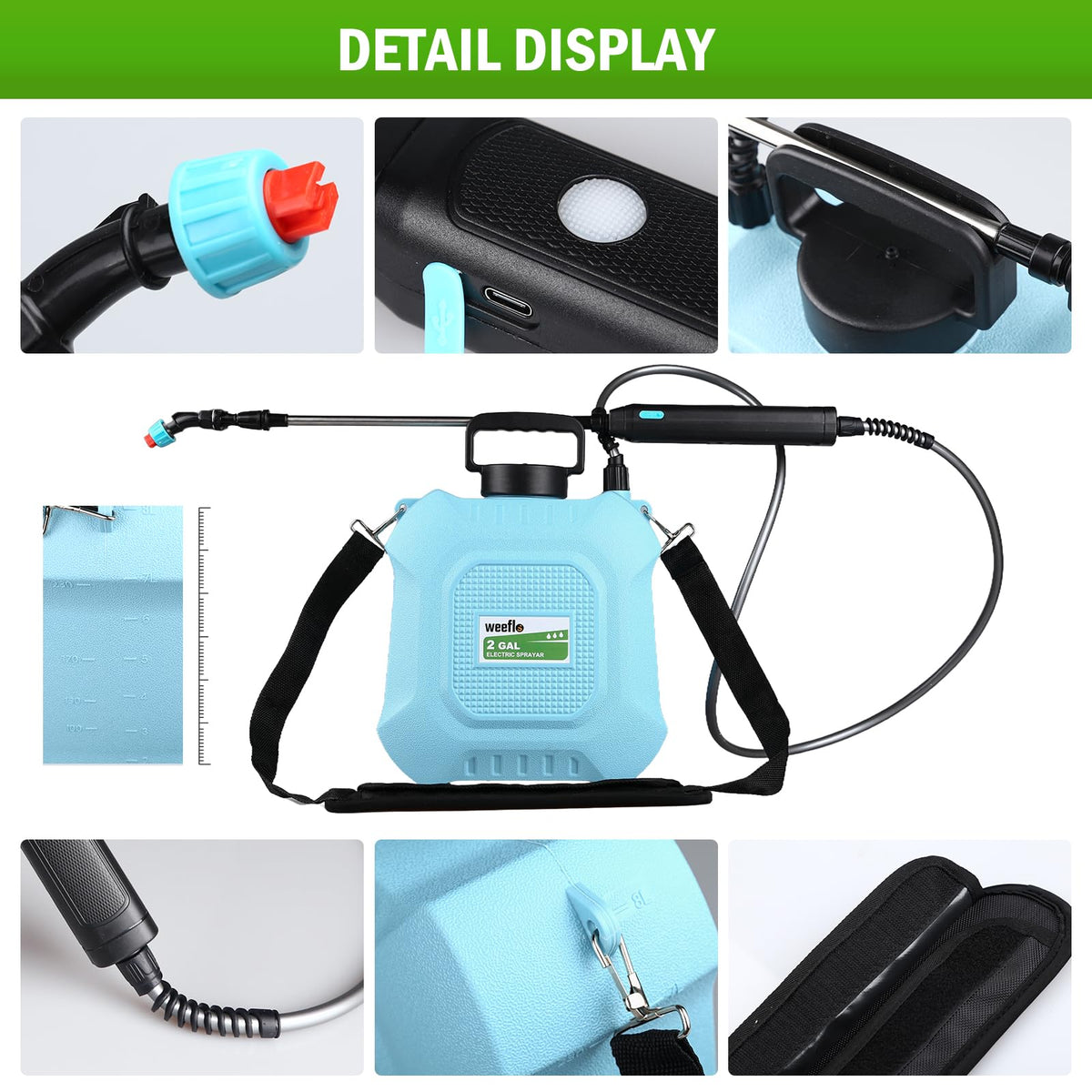 Weeflos 2000mAh battery enables extended spraying sessions.