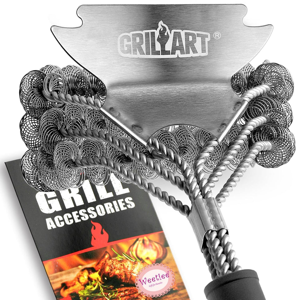 Weetiee bristle-free grill brush 18in on a hot grate for safe grilling.