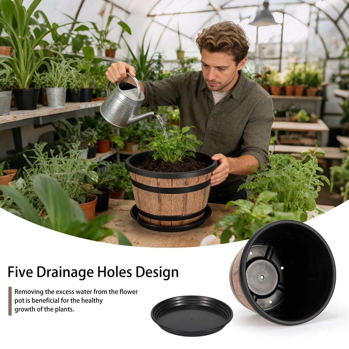 WEICHENGXING wood-look planter with five drainage holes promotes healthy root growth
