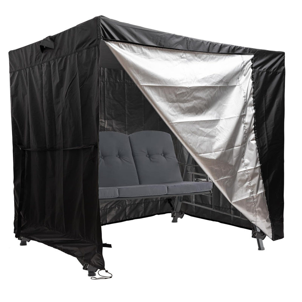 WEIMELL 3-seat swing cover in front view protecting from rain and sun.