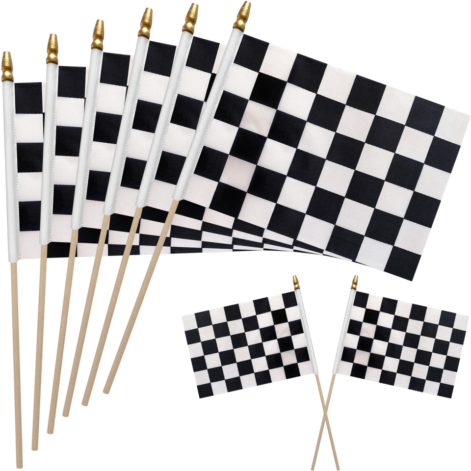 WEITBF 8x12 inch black and white checkered flag on a stick for outdoor displays.