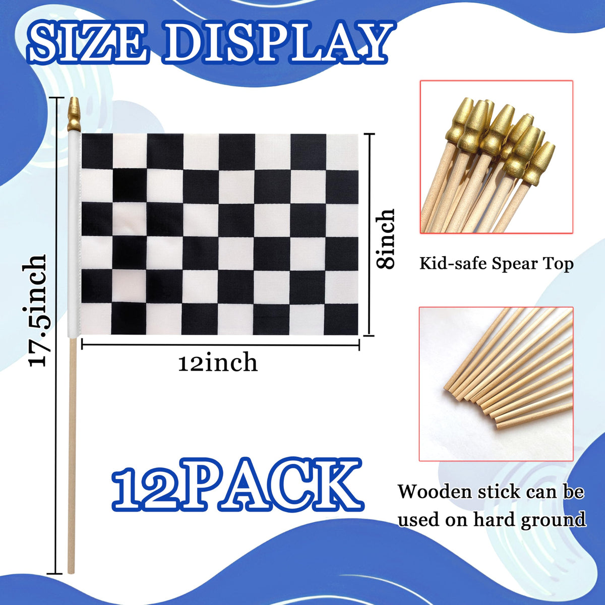 WEITBF racing flag on a stick adds bold visibility for classrooms or patios.