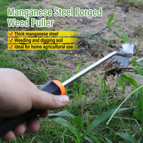 Weivone weed removal tool in action pulling weeds from soil.