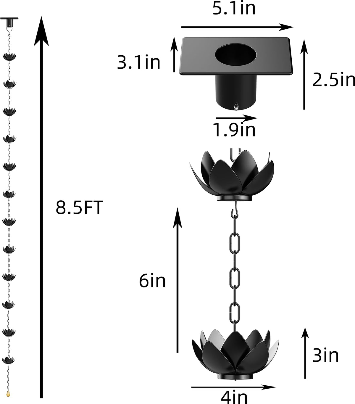 Wellrain rain chain with 12 cups forming a gentle waterfall from the downspout.