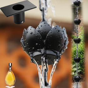 Wellrain rain chain attached to gutter downspout demonstrating decorative water feature.