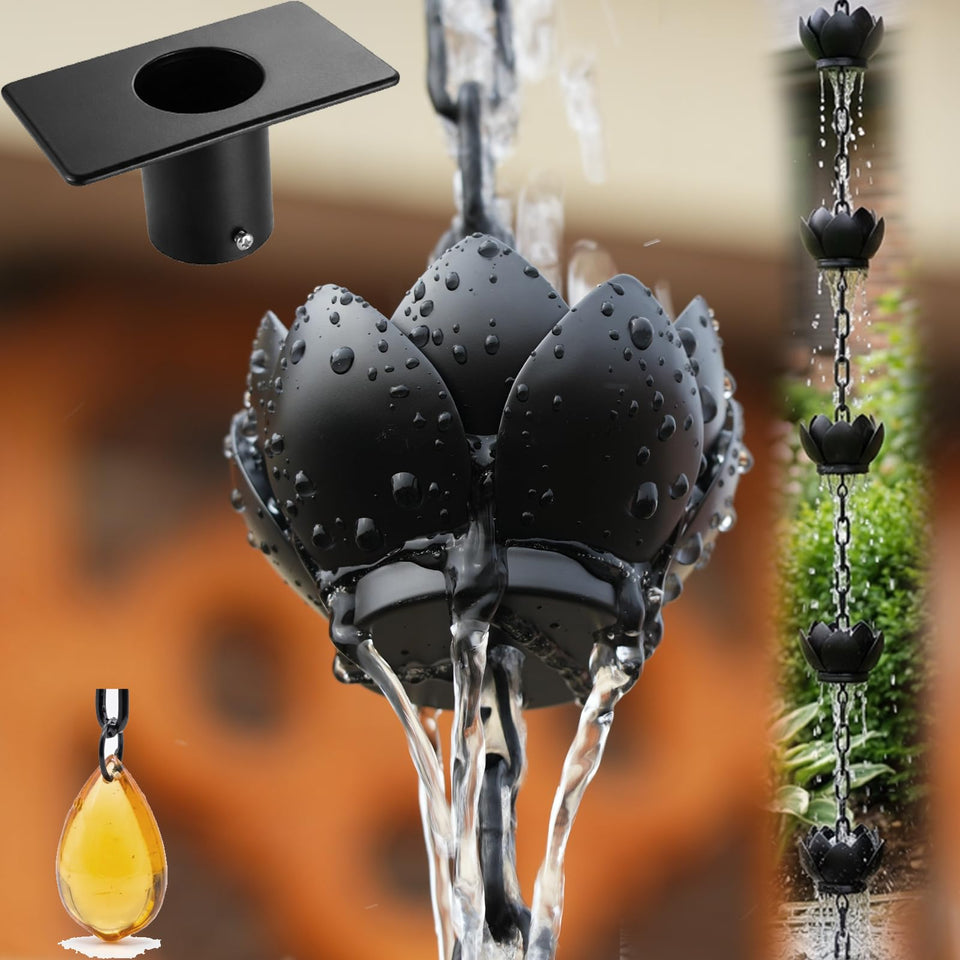 Wellrain rain chain attached to gutter downspout demonstrating decorative water feature.