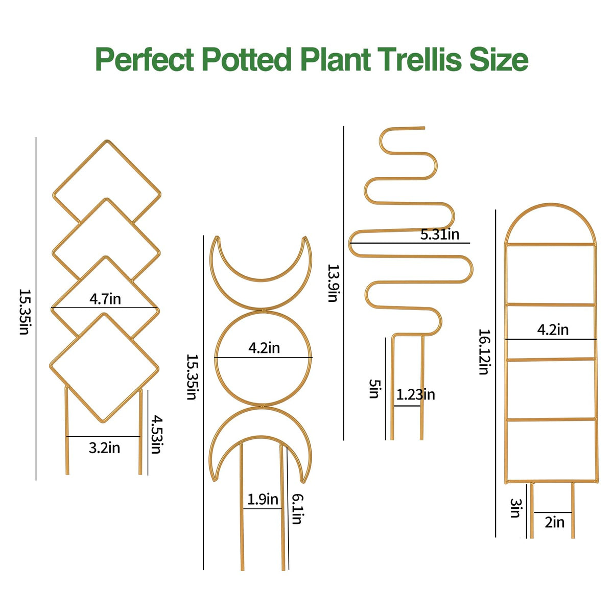 WellSign 16-inch gold plant trellis in pot demonstrates vertical growth for better light
