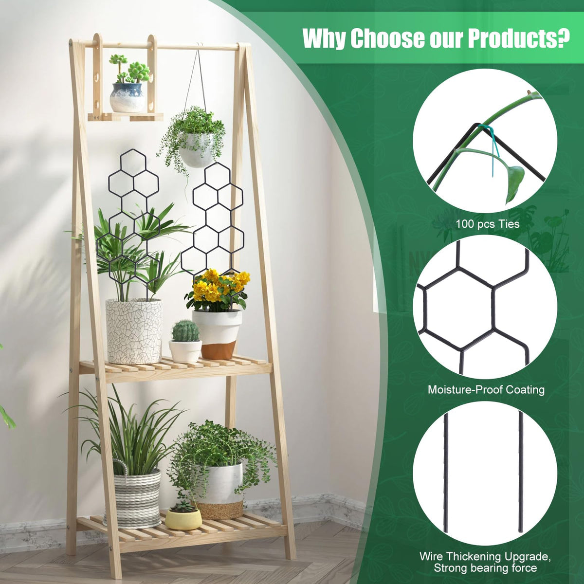 WellSign metal plant trellis shows sturdy construction for tall potted plants.