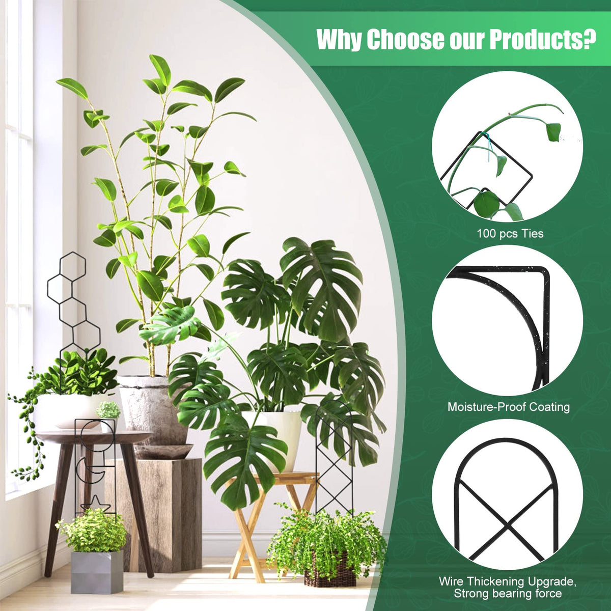 WellSign Pattern B trellis adds decorative structure to potted ivy and flowers.