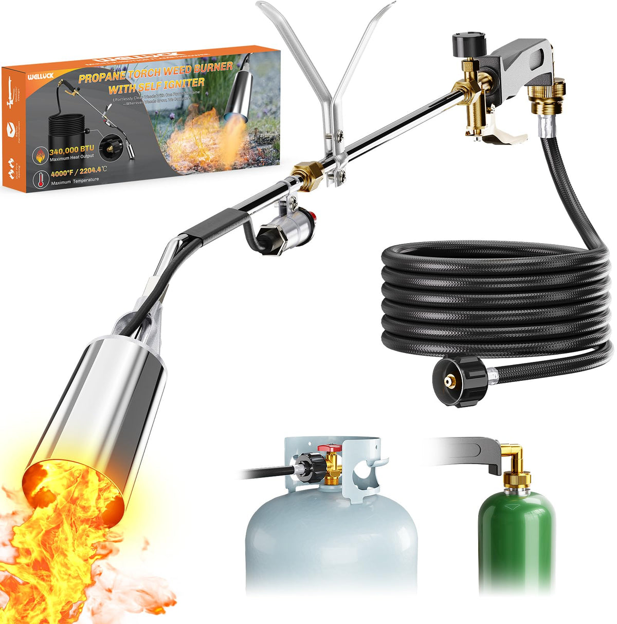 Welluck propane torch weed burner in action for weed removal and garden prep