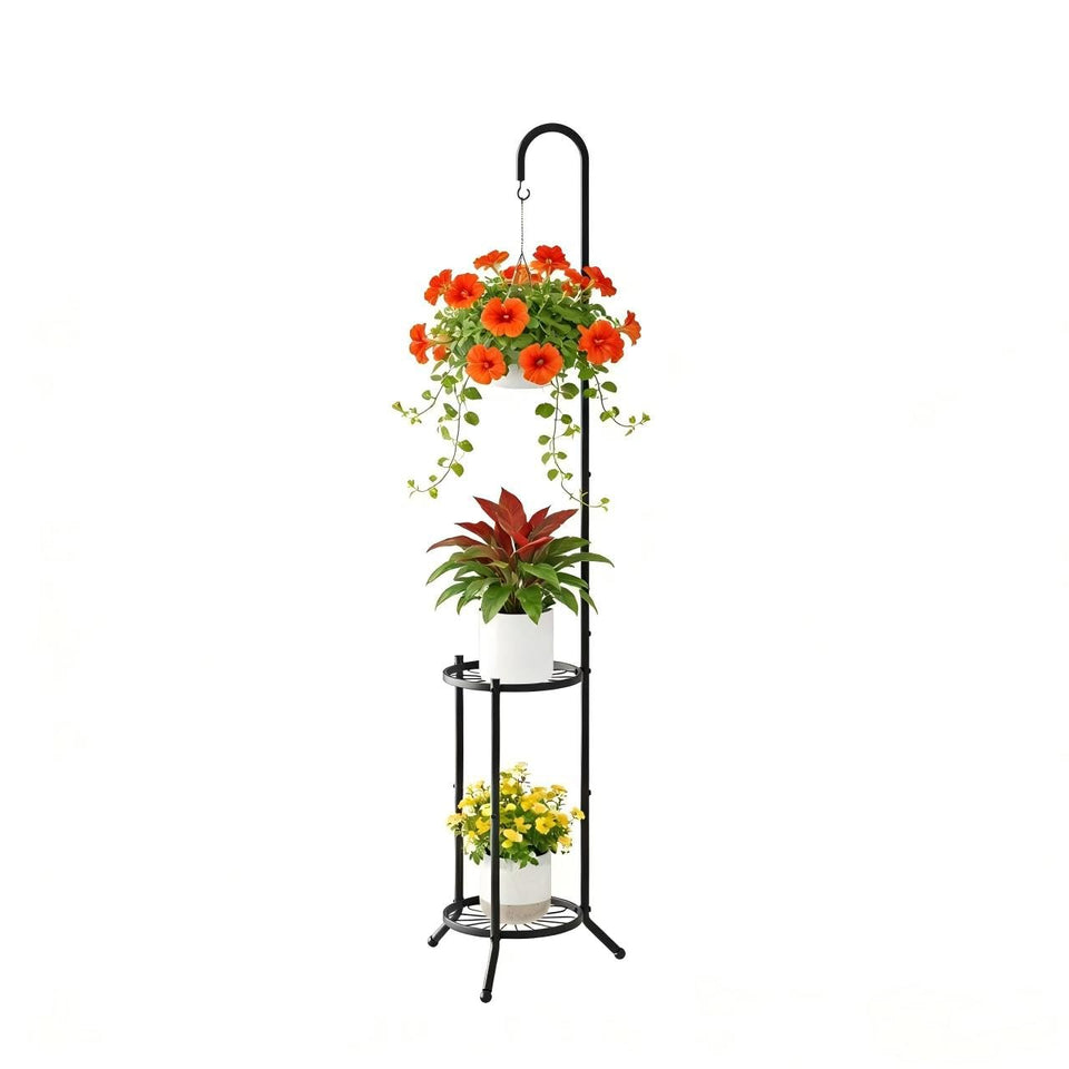 WELUKGUUD 2-tier hanging plant stand displaying compact indoors-outdoors multi-pot setup.