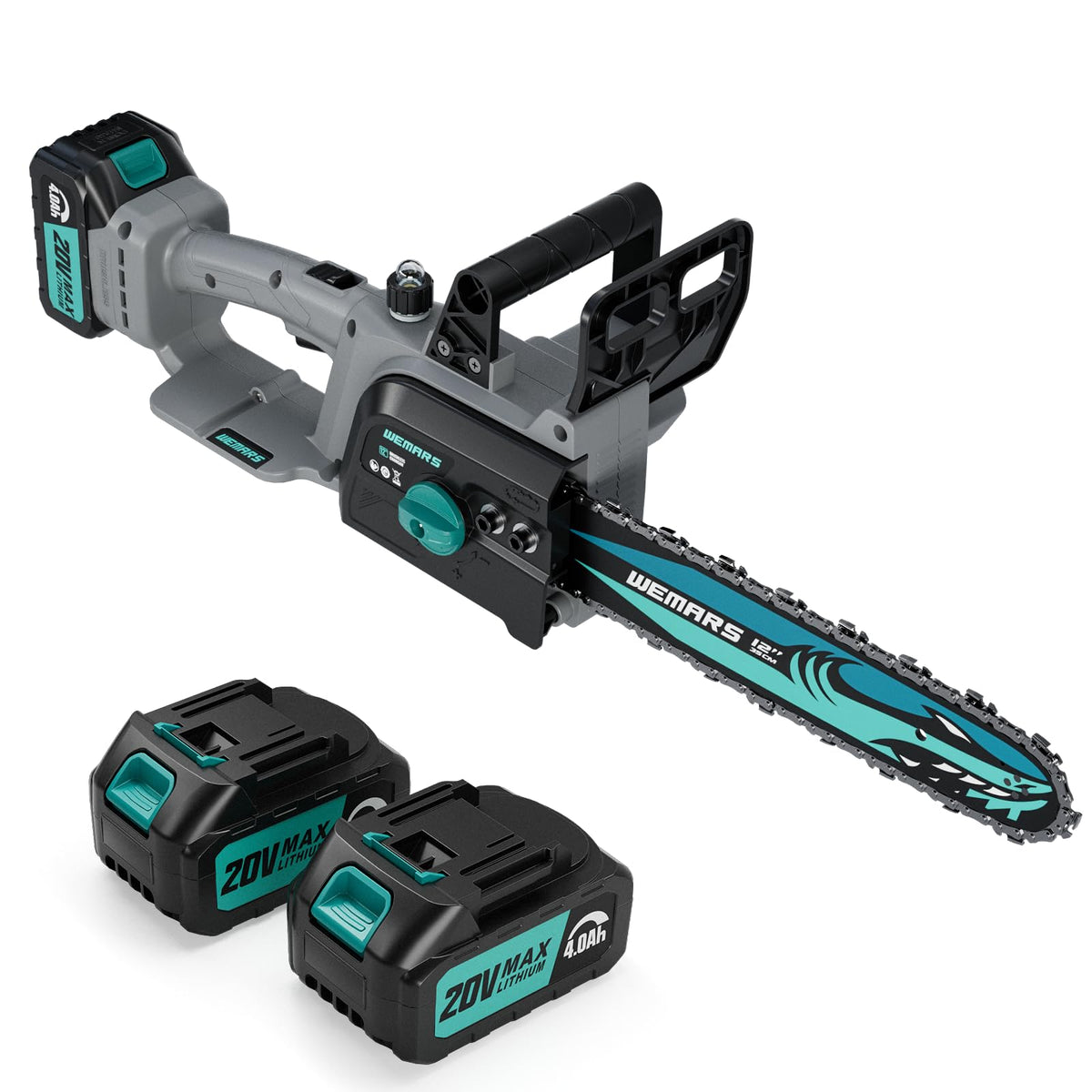 WEMARS 20V brushless cordless chainsaw in use cutting a branch for pruning