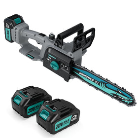 WEMARS 20V brushless cordless chainsaw in use cutting a branch for pruning