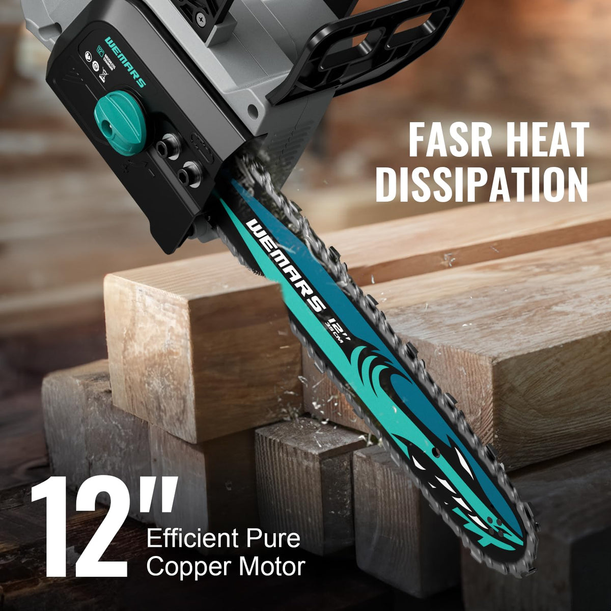 WEMARS brushless motor detail highlighting reduced vibration and longer life