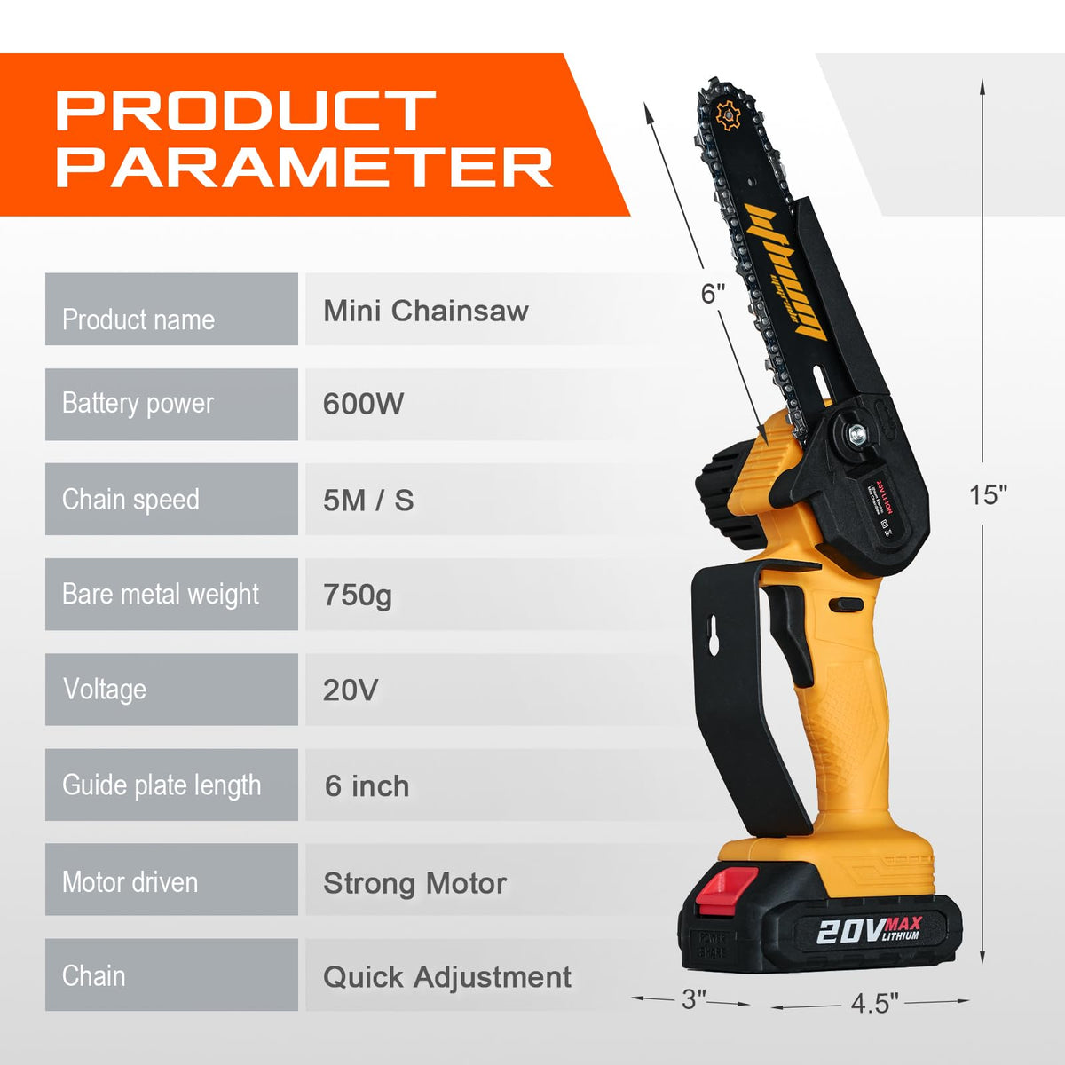 WEMARS mini chainsaw 100-degree rotatable baffle keeps dust contained.