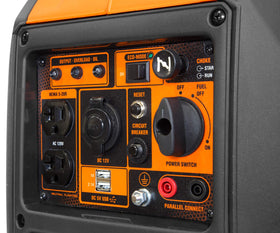 WEN 2350W inverter generator receptacles and USB ports for versatile device charging.
