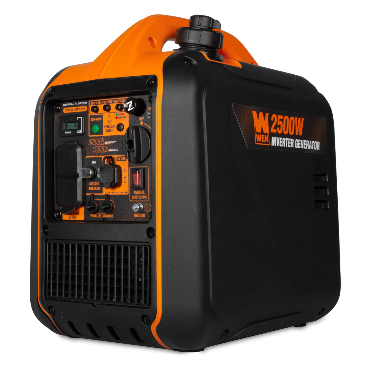 WEN 2500-W inverter generator front panel with safety controls for operation.