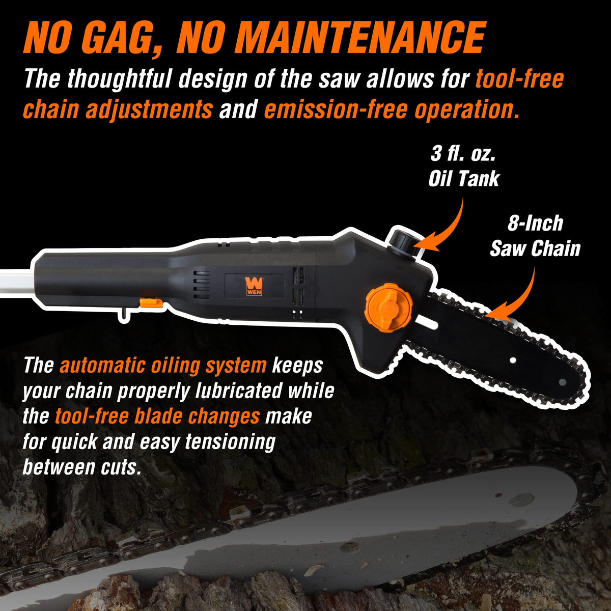 WEN 4019 automatic oiling maintains chain lubrication for smooth operation