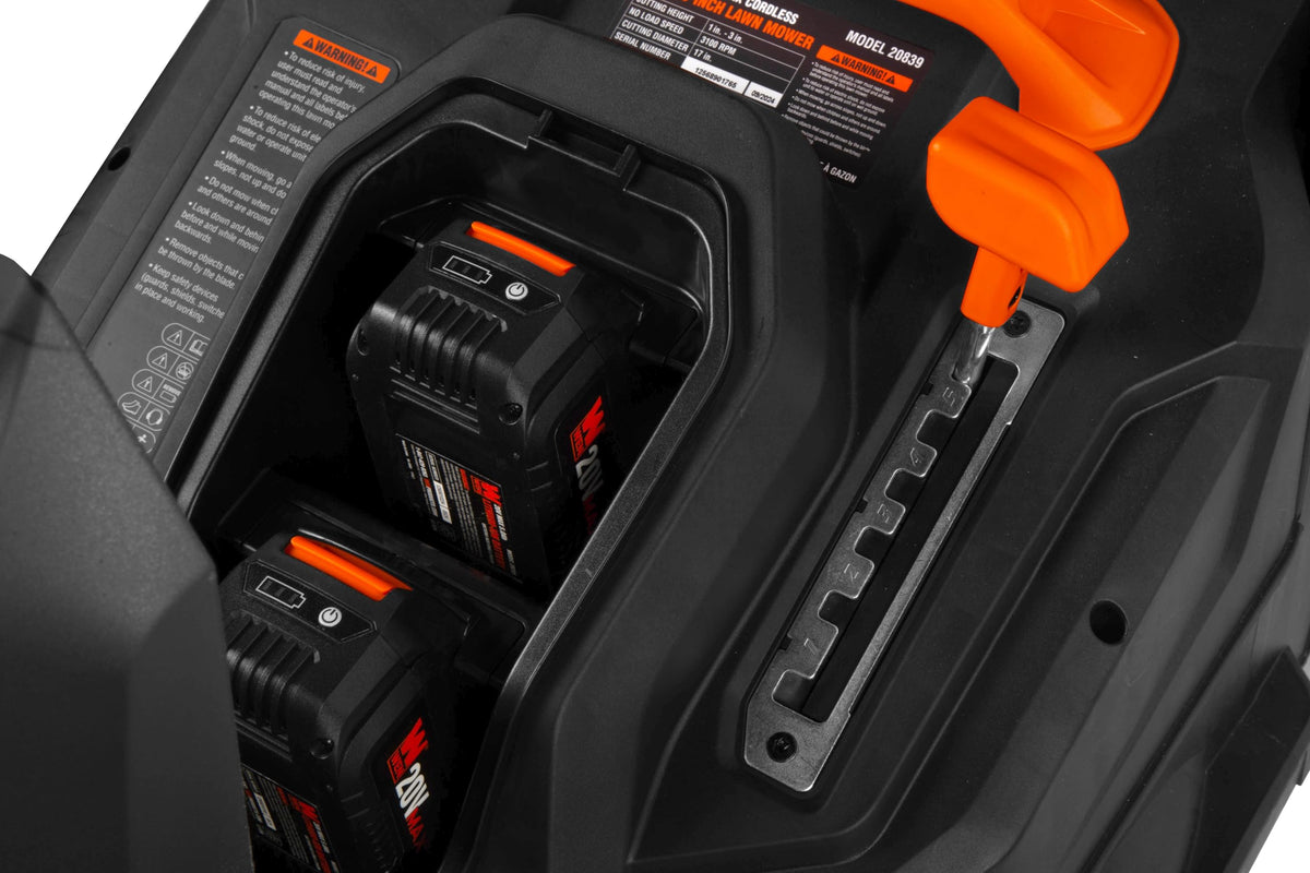 WEN dual-port charger keeps two batteries ready for mowing.