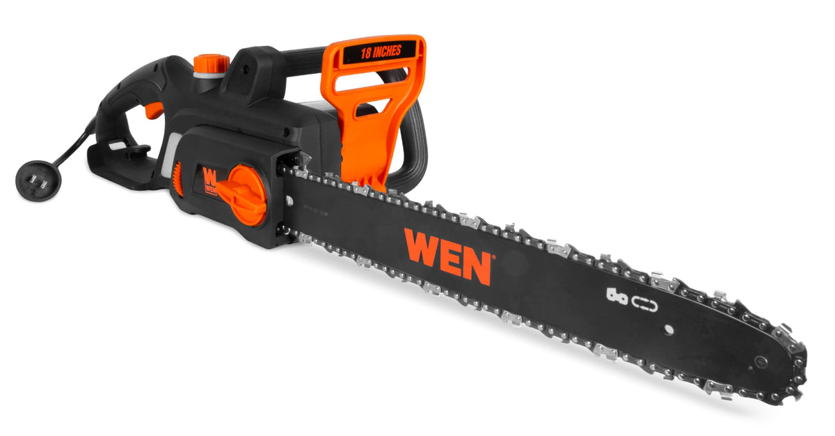 WEN electric chainsaw CP1518 in action with 18-inch bar cutting wood