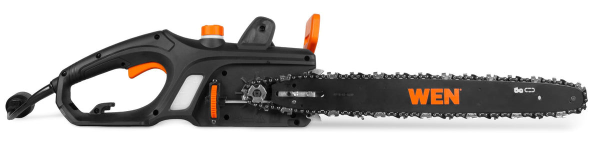 WEN electric chainsaw safety features including kickback brake