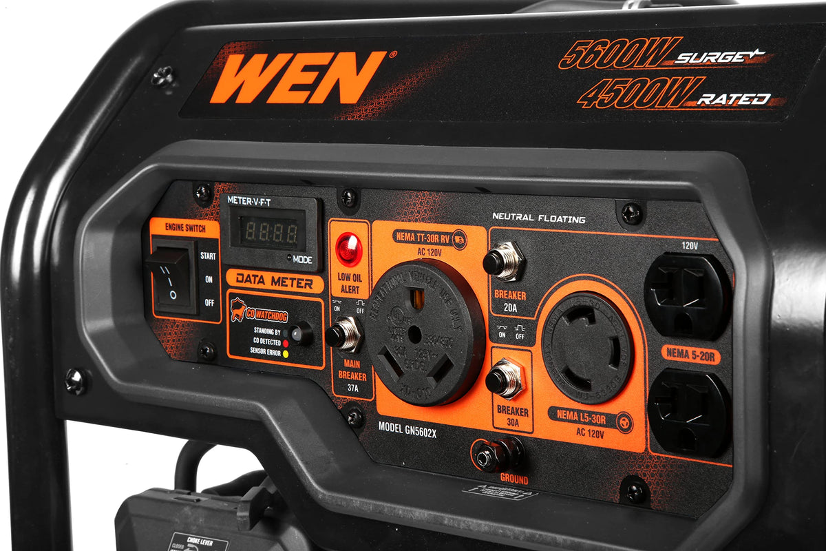 WEN GN5602X fuel tank and dial readouts for long runtime and reliable fuel planning.