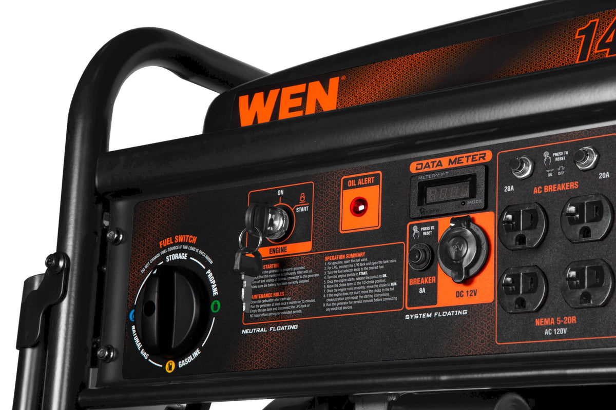 WEN TF1450 tri-fuel selection dial enables flexible fuel options.