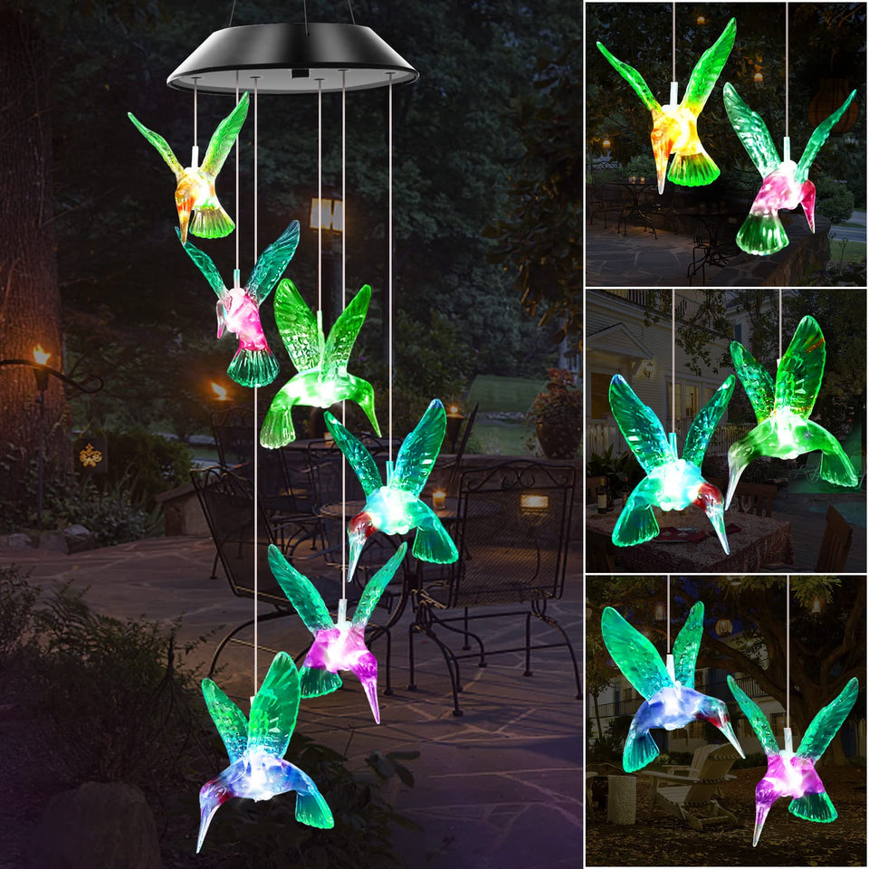 WENANA solar wind chime with green hummingbird lights adds garden ambiance.
