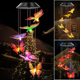 WENANA solar wind chimes with purple butterfly illuminate your porch at night.